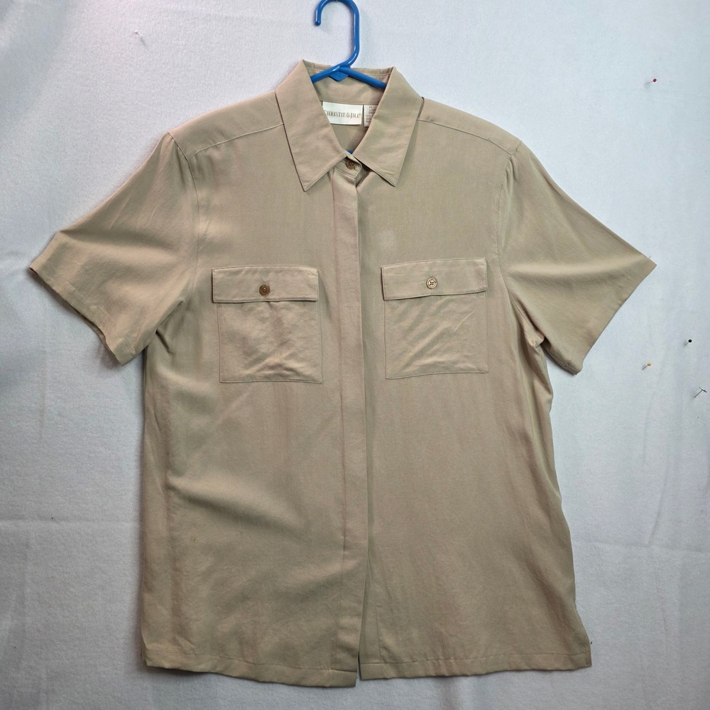 Christie & Jill Tan 100% Silk Short Sleeve Button Up Blouse Petite Large Pockets